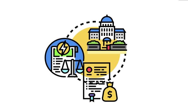 Legislative branch concept with a government building, legal scales, documents, and a money bag the process of creating and implementing essential laws and regulations in a society