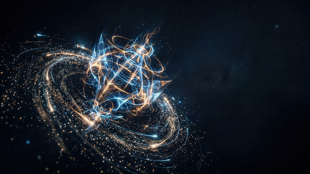 Abstract glowing energy sphere with swirling light particles on dark background. Generative ai creating digital neural network visualization.