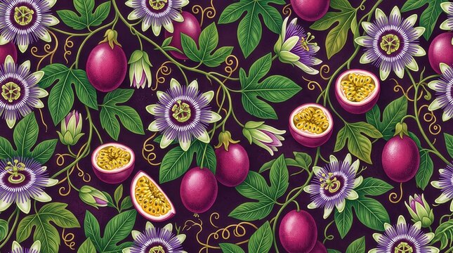 Vintage passion fruit botanical pattern, seamless tropical floral illustration, purple passionflower and exotic fruit wallpaper background