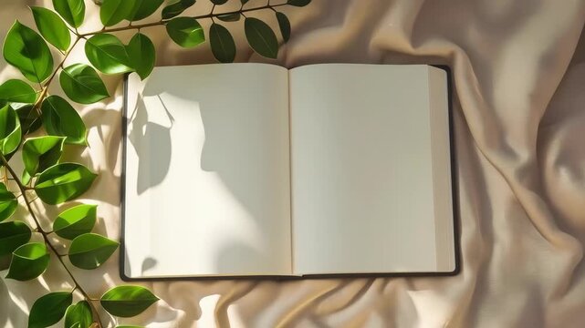 Open blank notebook with green leaf, warm sunlight, gentle shadow, and beige fabric creating peaceful natural workspace for writing, planning, journaling, inspiration, and creative reflection