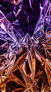 Holographic crumpled foil texture, metallic purple and bronze foil background, shiny creased metal wrapping paper