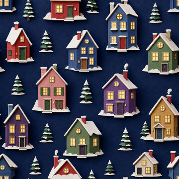Snowy Christmas village pattern with colorful paper houses and glowing festive winter windows