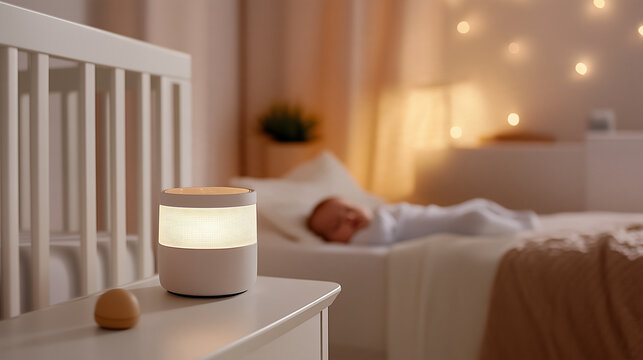 A night scene in a child's room shows a gently glowing lamp next to a crib where a baby sleeps peacefully. Soft colors fill the cozy space.