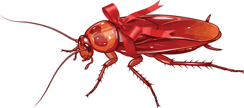 Funny Red Cockroach Vector Illustration Wrapped in Decorative Gift Ribbon Bow for Quirky Gag Designs