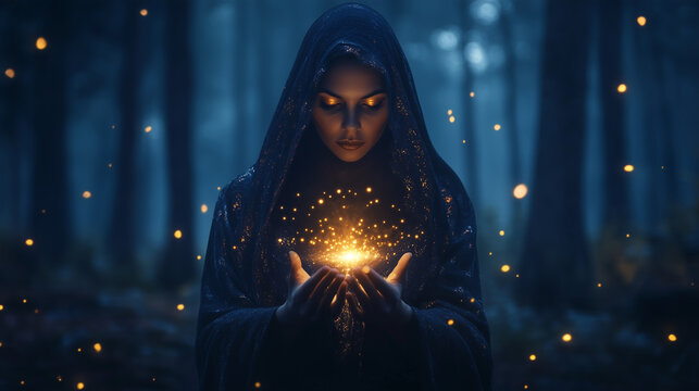 A woman dressed in a dark robe stands in a forest at night. She holds glowing light in her hands. Soft light sparkles around her.