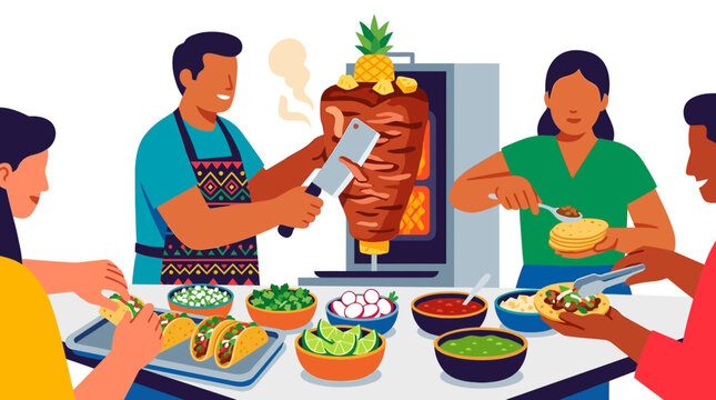 Group of People Enjoying Authentic Tacos Al Pastor Street Food Dinner Illustration