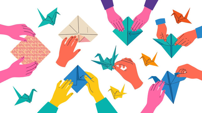 Hands Folding Origami Paper Cranes Flat Illustration Concept