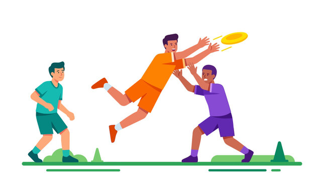 Young People Playing Ultimate Frisbee Game Flat Vector Illustration