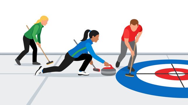 Flat Vector Illustration of Curling Players on Ice Rink