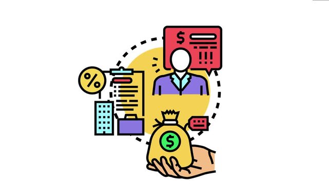 Financial services concept a businessperson or banker providing lending and payment solutions, showing a loan agreement, interest rates, and a money bag held by a hand