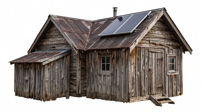 Small weathered wooden shack with solar panels on a rusty corrugated roof isolated on white