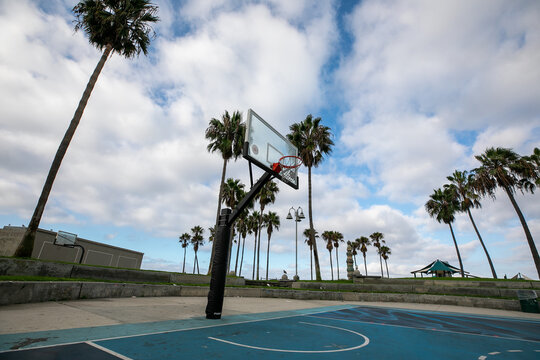 View of the iconic Venice Beach Basketball Courts, home of Veniceball, with a blue court surface, basketball hoop, and tall palm trees in Los Angeles, California, United States.