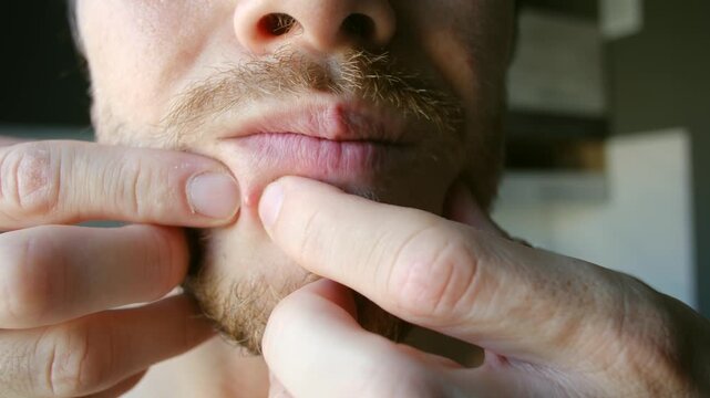 Extreme close up bearded man squeezing red, inflamed pimple on chin near mouth. Detailed view of skin problems, acne treatment, personal hygiene issues for adult males. Male squeezing pimple on chin