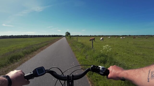 First-person chest-mounted view riding an electric bike along a paved section of the EuroVelo 10 route through fields, passing grazing cows on the right in Germany