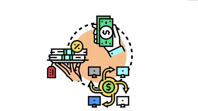 Hand giving currency as a financial tool, with a hand holding a tray of money and a percentage symbol, all connected through a digital network symbolized by computers and a circulating currency icon