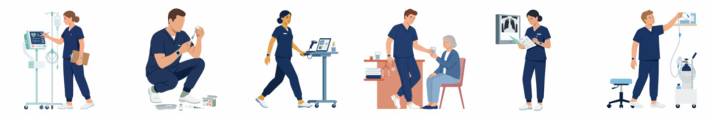Fototapeta premium Collection of Vector Illustrations Featuring Healthcare Professionals and Nurses Performing Clinical Tasks and Patient Care in Various Hospital Settings