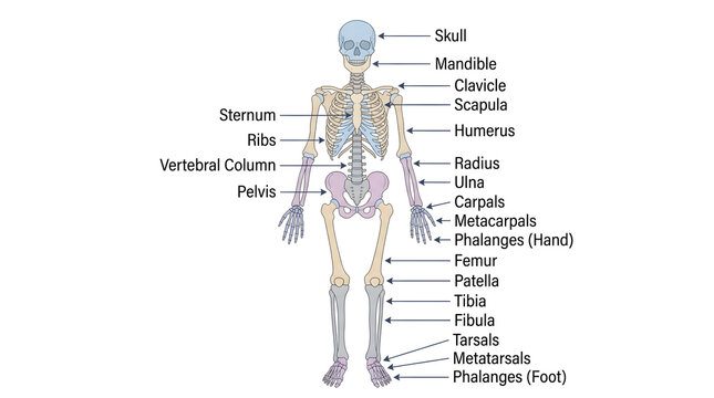 Human skeleton anatomy labeled diagram medical illustration educational biology chart full body bone structure