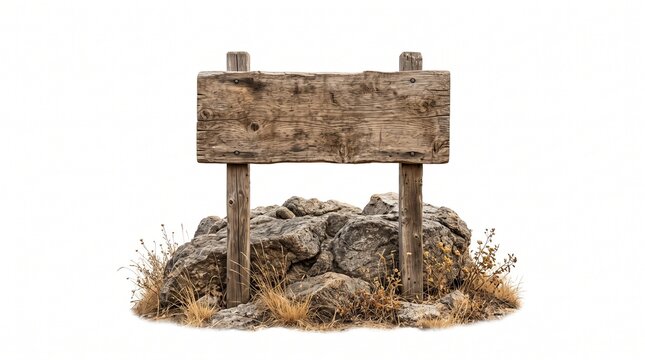 Old weathered wooden sign post fixed in pile of stones and dry grass isolated on white