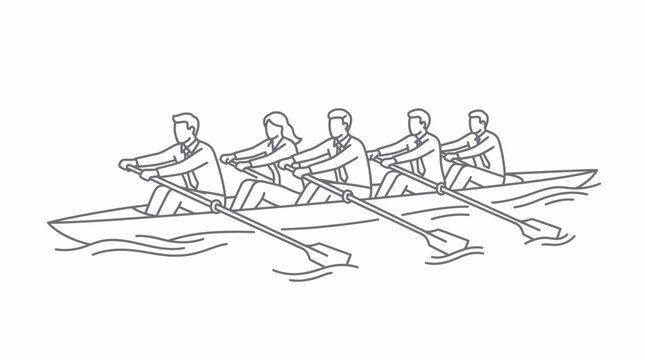 Team rowing boat together concept thin line art icon teamwork unity direction vector illustration