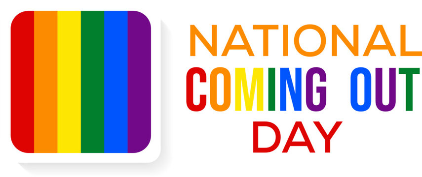 Colorful National Coming Out Day typography illustration, featuring a striped rainbow icon, vibrant multicoloured lettering, and simple white background design.