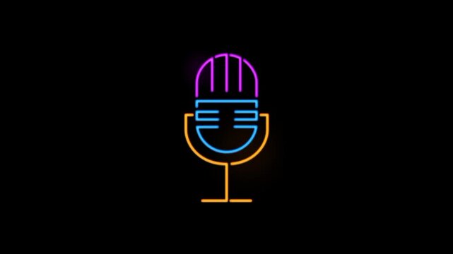 Neon microphone icon on black background animation