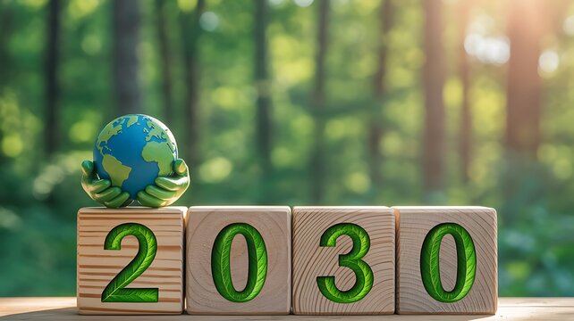 2030 sustainability concept with globe, green hands and forest representing environmental protection and climate goals