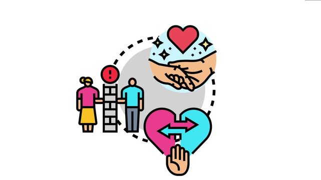 Illustrating the decline of caring feelings, this conceptual visualizes relationship difficulties with a separating wall and emotional detachment through a broken heart and a dismissive hand