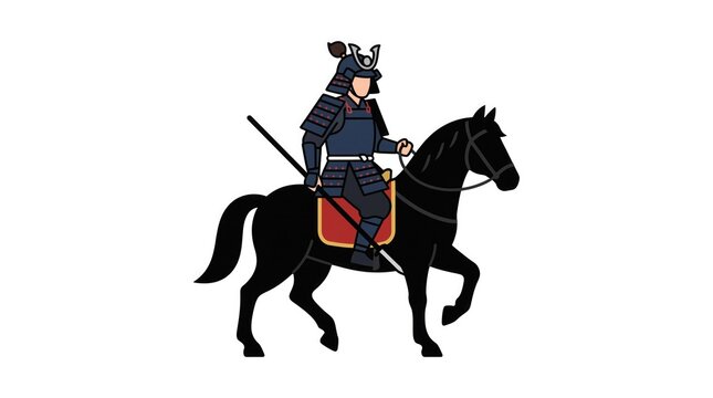 Samurai warrior in traditional armor riding a black horse
