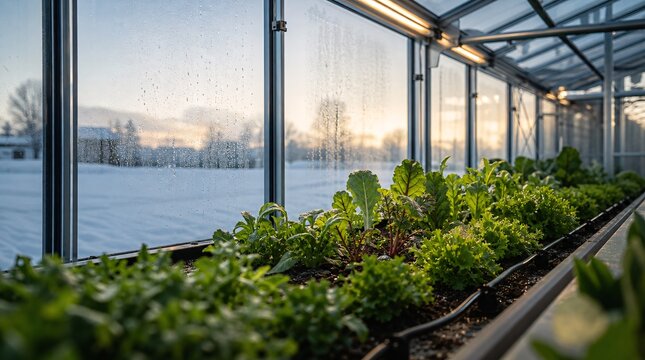 Fresh green leafy vegetables growing in a modern greenhouse during a cold winter sunset
