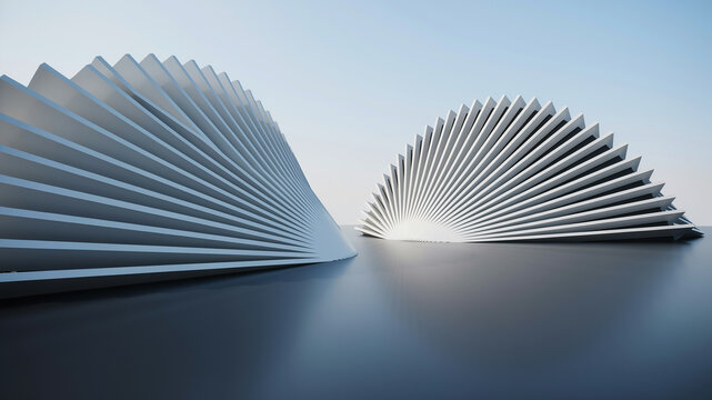 Abstract architectural design with layered white fins creating a fan-like structure architecture