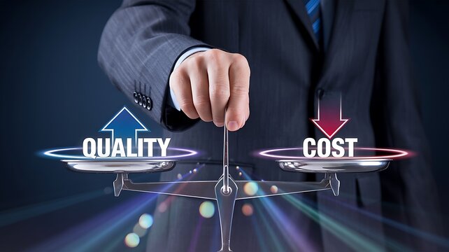 Quality versus cost concept showing business decision making and strategic value optimization