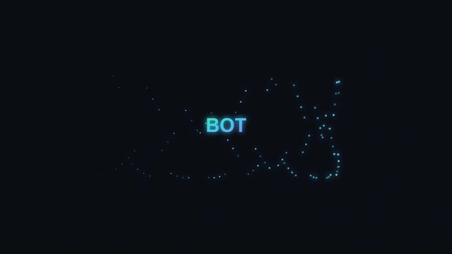 Digital bot text logo with glowing blue particles on dark background