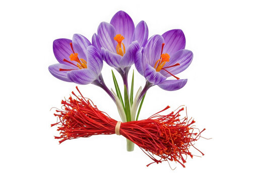 Three purple crocus flowers and a small bundle of red saffron spice threads isolated on transparent background