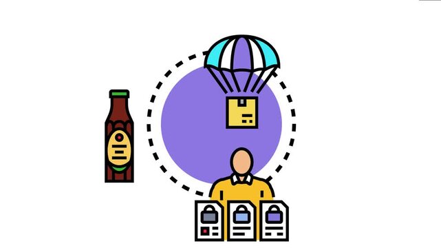 Modern depicting a delivery system. Combining physical parcel drop by parachute. A person. A product bottle. And a series of secure digital documents