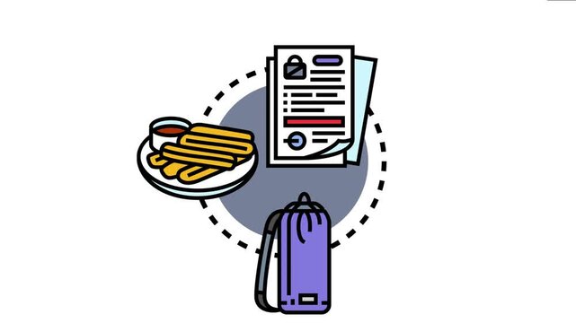 Letter chute concept presenting a document icon with a padlock representing secure mail, a plate of churros with dip, and a travel backpack, various associated ideas