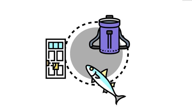 Letter chute concept diverse objects like a backpack, a door with mail slot, and a fish, representing various items falling or being delivered