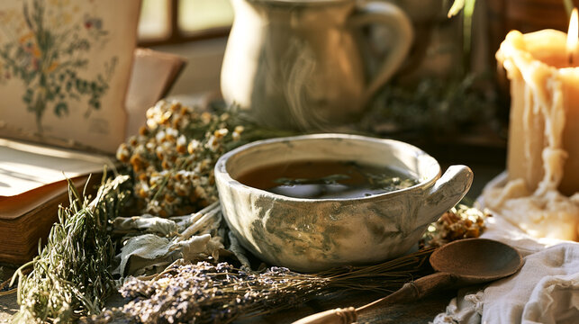 Close-up rustic witchcraft preparation with potion, herbs, antique vessels and natural materials, atmospheric cottagecore composition focused on herbalism and folk healing for Halloween content.
