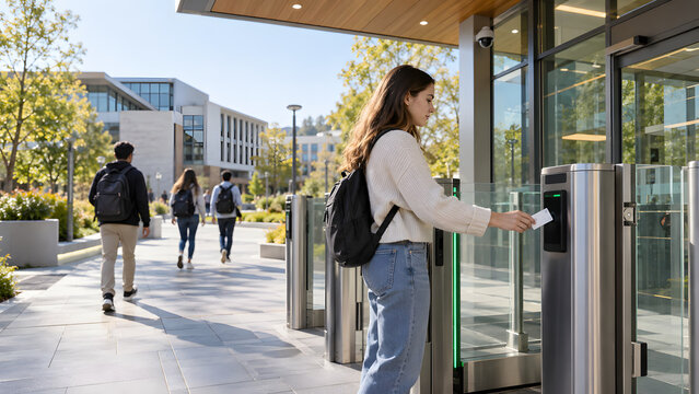 Female student uses smart identity card to pass through campus turnstile gate entrance with bright natural light for modern school university facility access