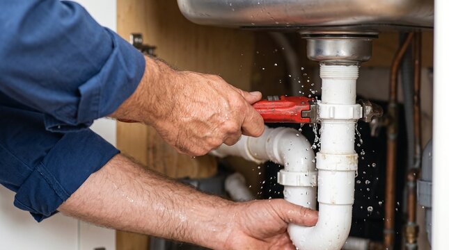 Plumber repairing leaking sink pipe with pipe wrench under kitchen counter. Handyman fixing emergency water leakage and plumbing system damage in residential bathroom.
