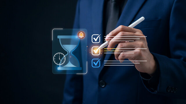Businessman checking off tasks on a digital checklist with hourglass and clock icons to-do list