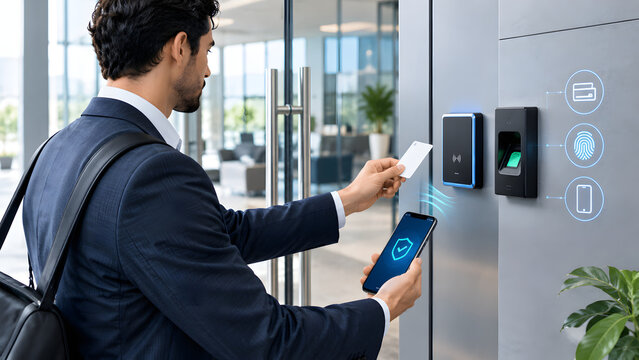 Businessman holding credit card and smartphone near electronic access control reader with fingerprint scanner at modern glass office entrance for secure entry