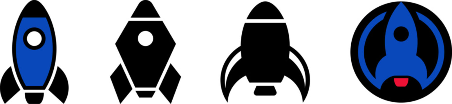 A collection of various roket icon designs featuring blue and black silhouettes isolated on a white background