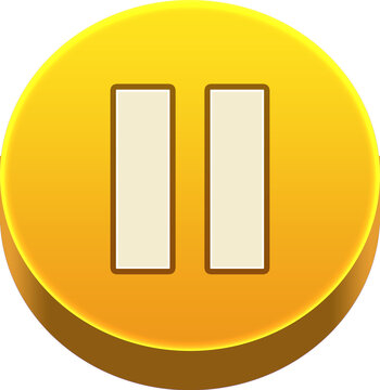 3D round yellow pause button icon vector illustration, mobile game UI media player control isolated on transparent background