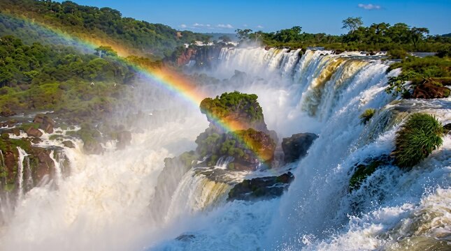 Majestic Iguazu waterfalls displaying vibrant rainbow arches over roaring white cascading water surrounded by lush tropical green jungle rainforest scenery