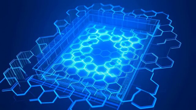 Glowing hexagonal circuit platform forms in an abstract digital space. Technology presentations, software promotion, and cybersecurity communication.