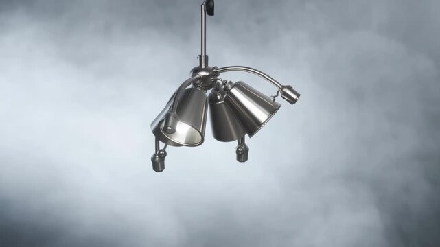 Chrome hanging light fixture slowly rotates and sways in a smoky studio setting. Interior design presentations, lighting product promotion, and home decor advertising.