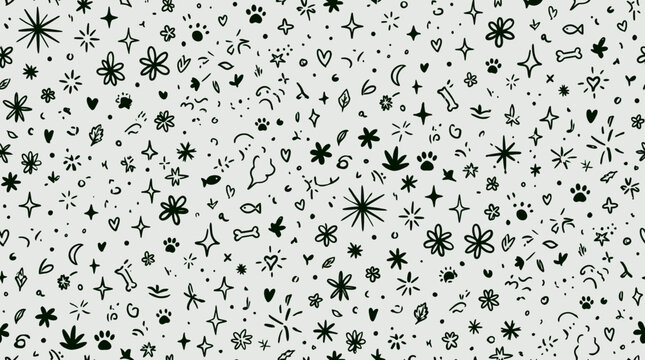 Cute pet doodle seamless pattern with dog paw prints bones fish stars and flowers
