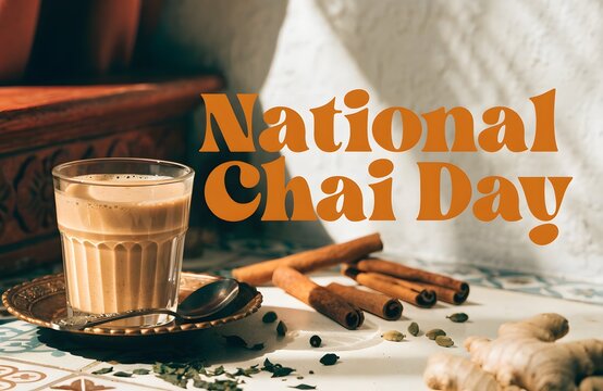 Glass of creamy masala chai tea with cinnamon sticks and ginger on wooden table for national chai day spiced tea hot beverage tea spices culinary herbs tea time