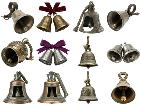 Collection of various antique and decorative bells on a transparent background