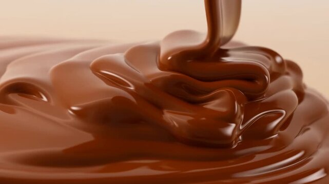 Glossy melted chocolate pours and folds across a smooth cream surface. Dessert advertising, confectionery promotion, and bakery branding.